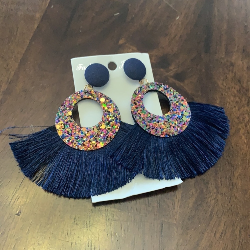 Navy Tassel Fringe Earrings Multicolor Glitter Circle Statement Boho - Picture 6 of 8